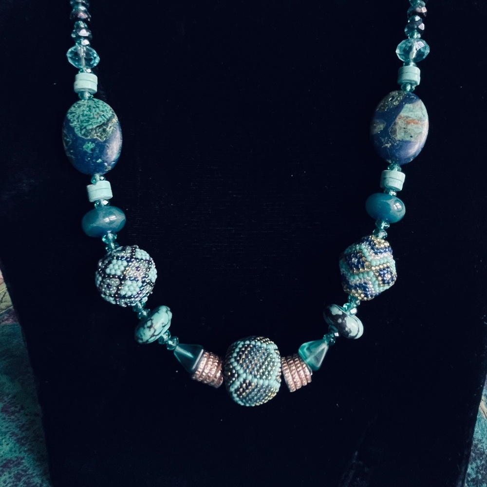 Unique Handmade beaded bead necklace with turquoise heishi